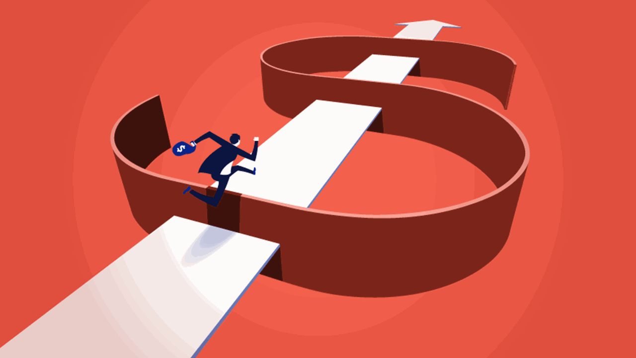 Illustration of a man running across a dollar sign carrying a bag of stolen cash