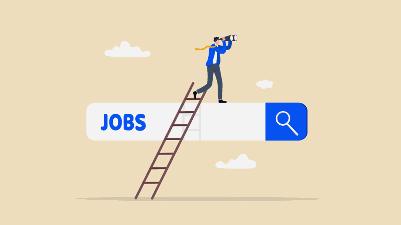 Illustration of a man climbing up a ladder onto a job search bar, using binoculars to look for new career opportunities