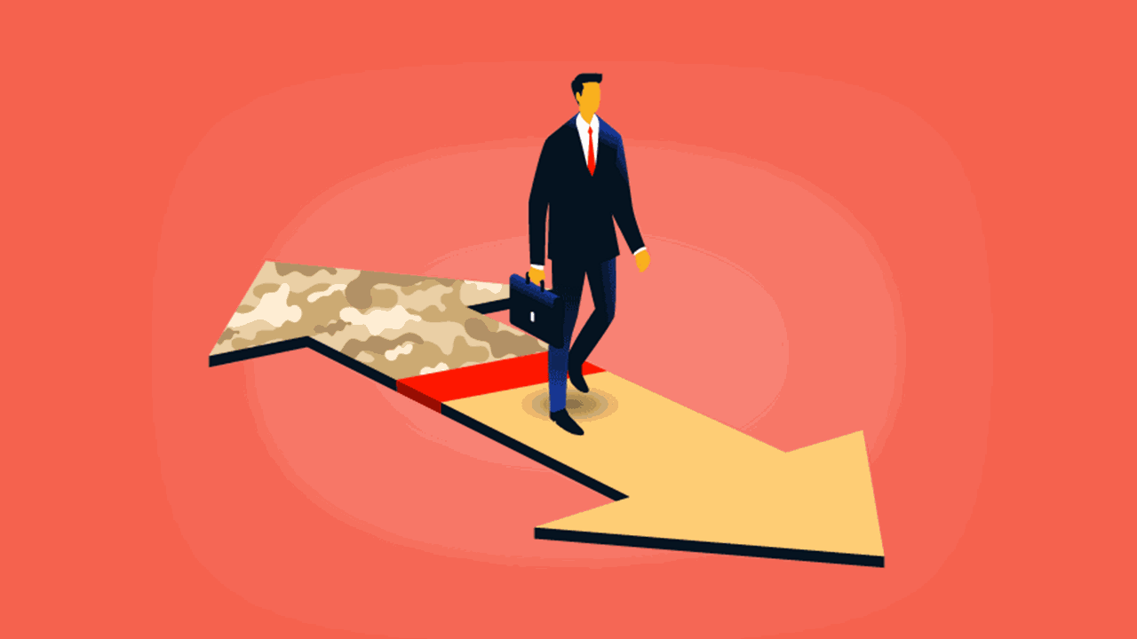 Illustration of a businessman walking along a two-pointed arrow, away from the camouflage military side of the arrow and toward a private security side