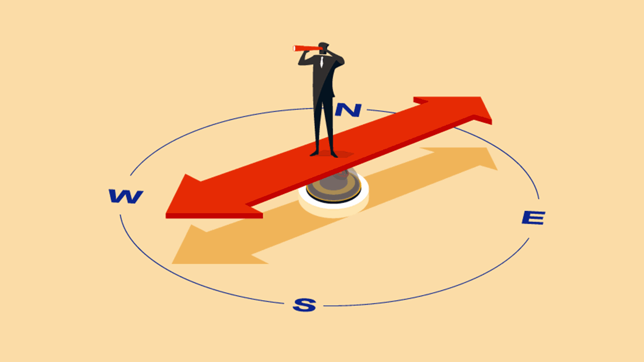 An illustration of a businessman standing at the center of a compass, determining what to do with his career