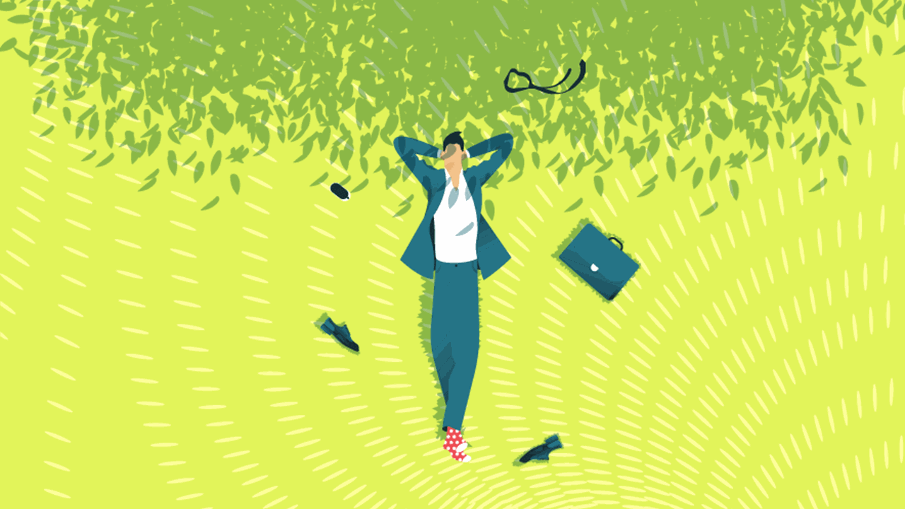 illustration of a businessman laying down under a tree. He has removed his shoes, tie, and briefcase and is relaxing