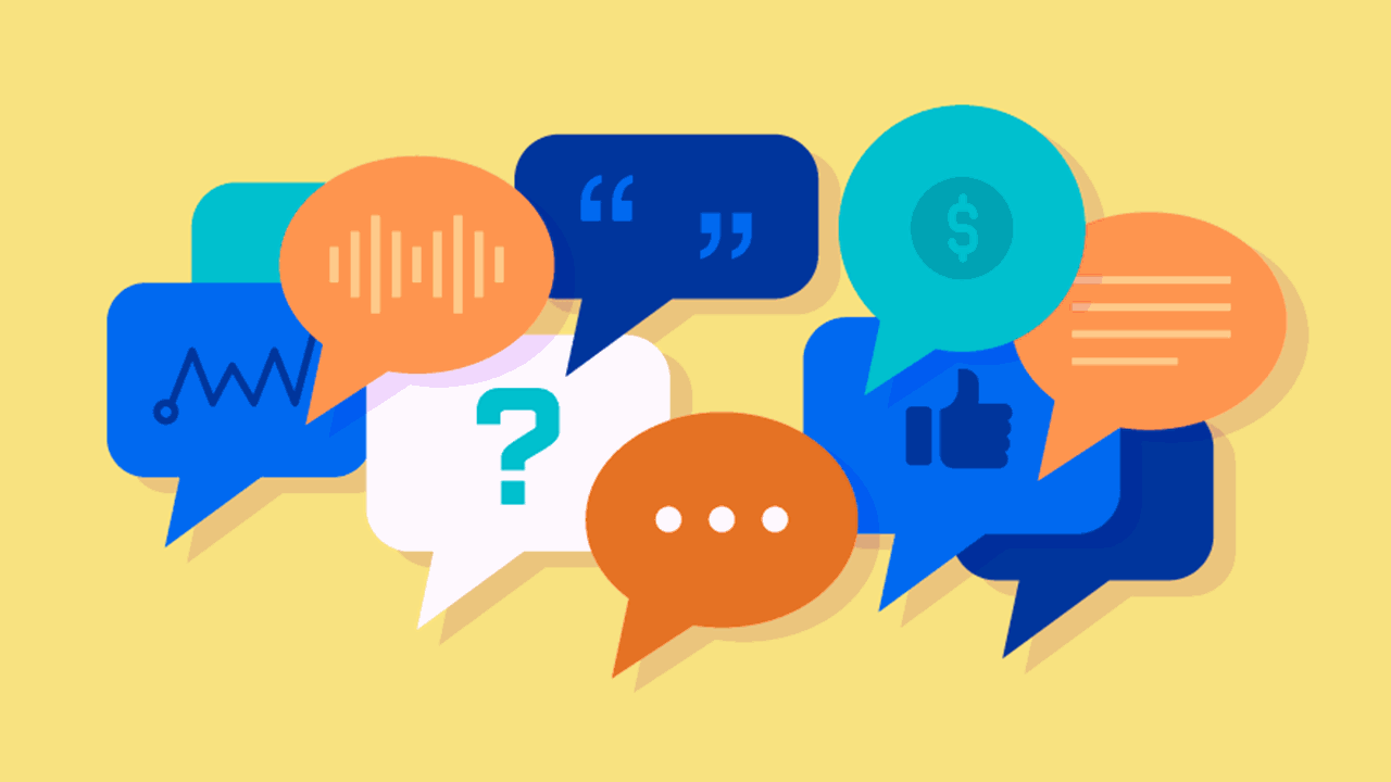 Illustration of a cluster of colorful speech bubbles about aspects of business operations, including money, questions, stock price