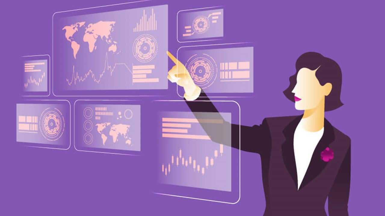 Illustration of a suited businesswoman interacting with transparent panels of security intelligence