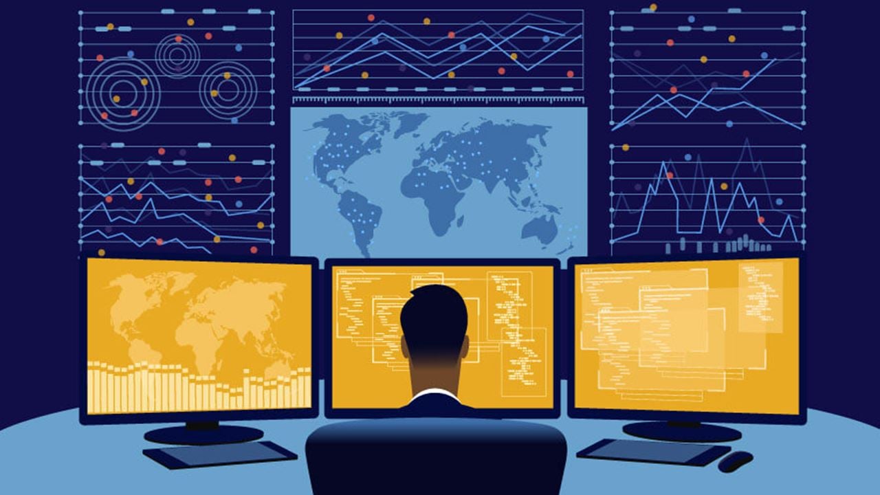 Illustration of a man sitting in front of a video wall of maps and business data in a security operations center