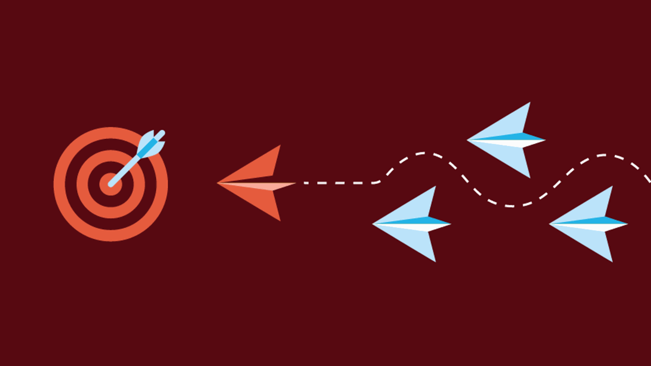 Illustration of a red paper airplane flying around three blue paper airplanes to hit the target