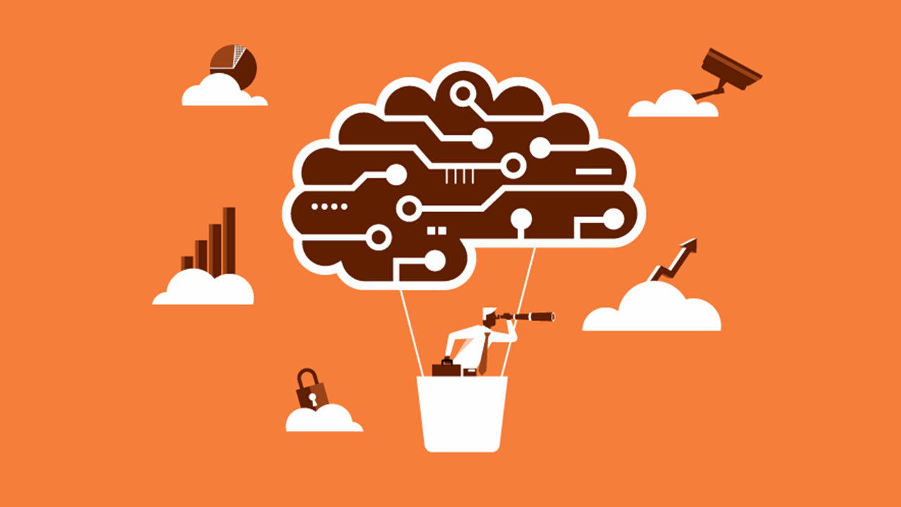Illustration of a person in a hot air balloon basket shaped like a brain with tech patterns, symbolizing AI. The person is looking through a telescope. Surrounding the balloon are icons including a bar graph, padlock, security camera, and upward arrow on clouds, set against an orange background.