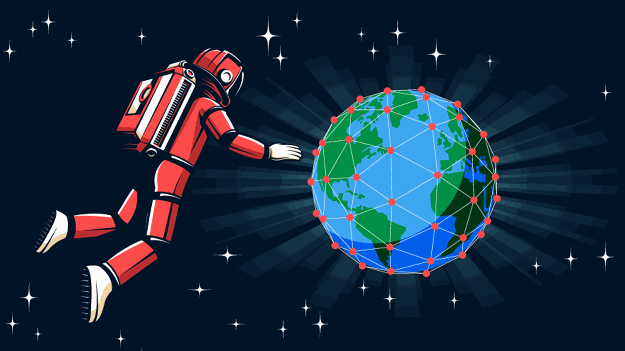 Illustration of a red-suited astronaut floating in outer space against a dark blue starry background. The astronaut is reaching toward Earth, which is depicted as a blue and green globe covered by a geometric network of interconnected lines and red nodes, symbolizing global connectivity and digital communication.