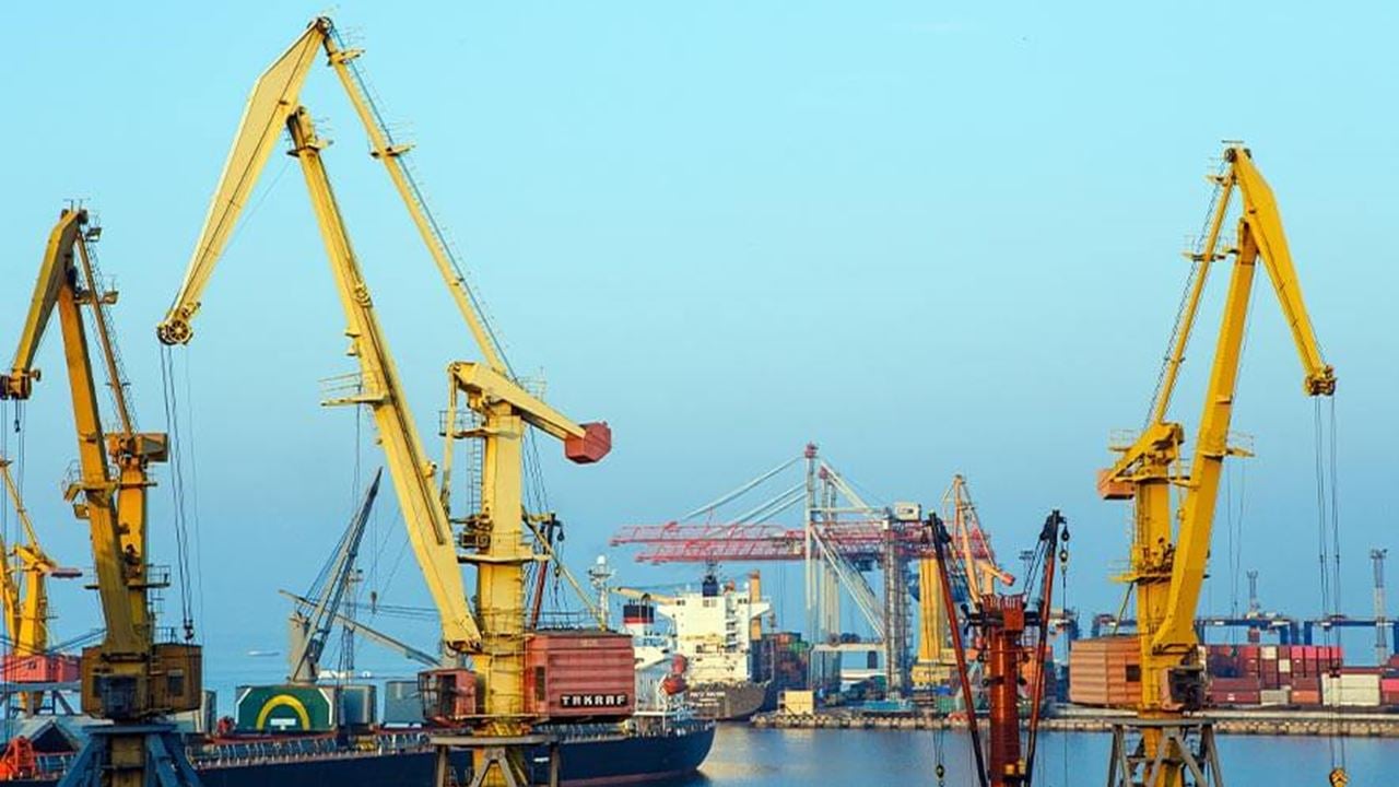 Cranes and bulk carriers are pictured on the premises of the Odesa Sea Port, Odesa, in southern Ukraine.