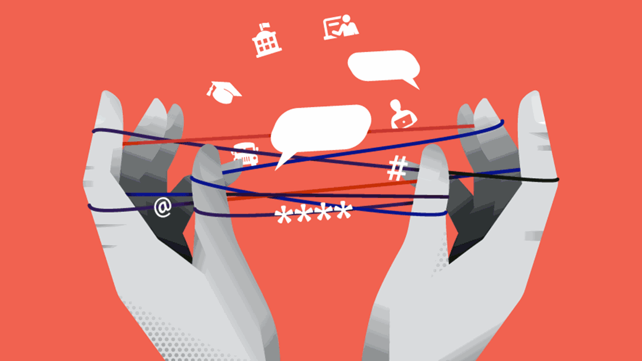 Two grayscale hands hold a web of dark blue and purple strings against a vivid orange background. Interwoven among the strings are digital symbols: an @ sign, a hashtag, asterisks, and icons for messaging, education, and communication.