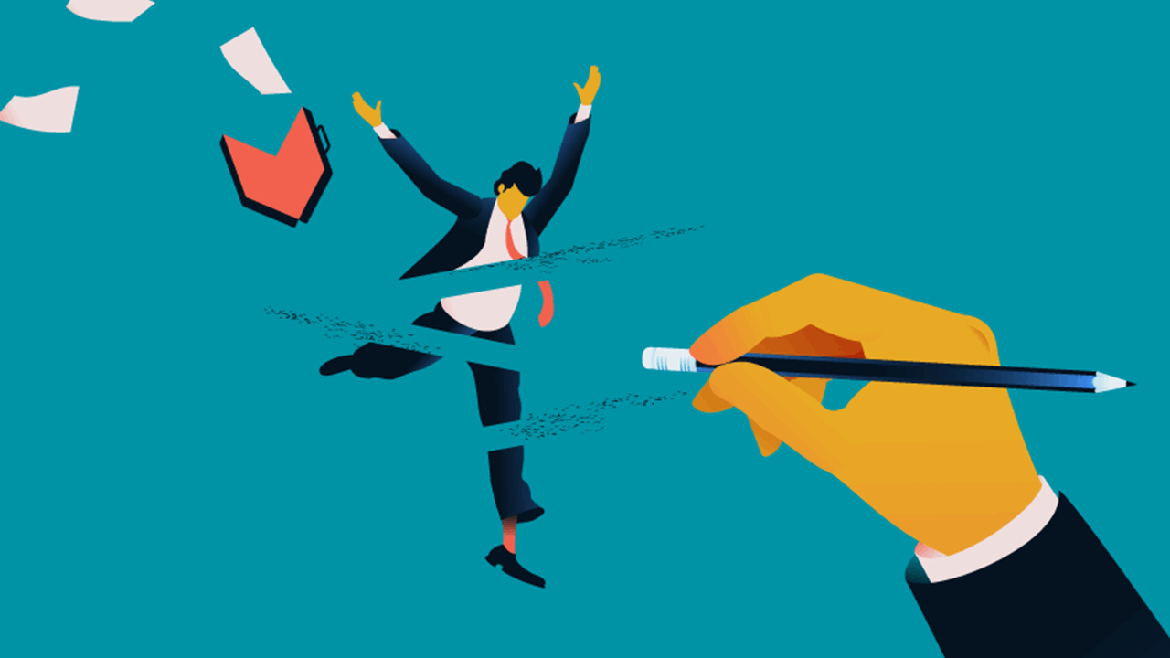 A suited figure is erased by a giant pencil, with scattered papers symbolizing employee termination and loss.