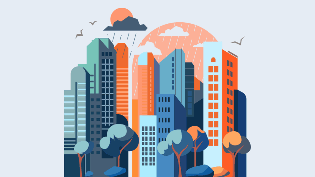 Illustration of a vibrant cityscape featuring tall buildings in blue, orange, and green tones, with trees and bushes in the foreground, birds in flight, and a sun partially hidden by clouds releasing rain overhead.