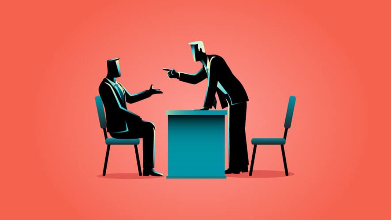 Two stylized business figures in a tense exchange across a teal desk, set against a bold orange background symbolizing conflict.
