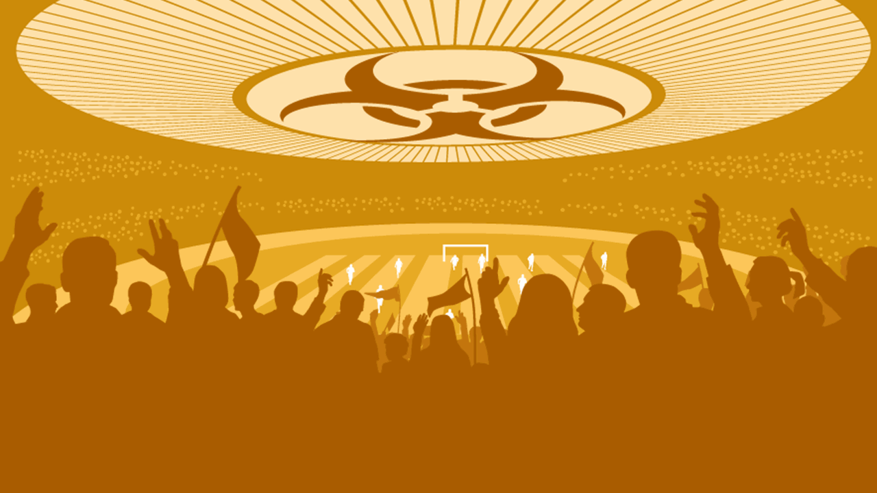 Illustration of a yellow tinted stadium filled with cheering crowds, players run across the field below while a large biohazard symbol looms above everyone at the stadium's roof.