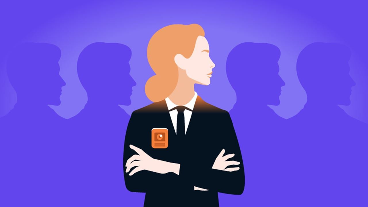 Illustration of a confident female security officer in a suit with a body-worn surveillance camera on her lapel, with arms crossed, looking to the side. She stands in front of a row of faded silhouettes of men