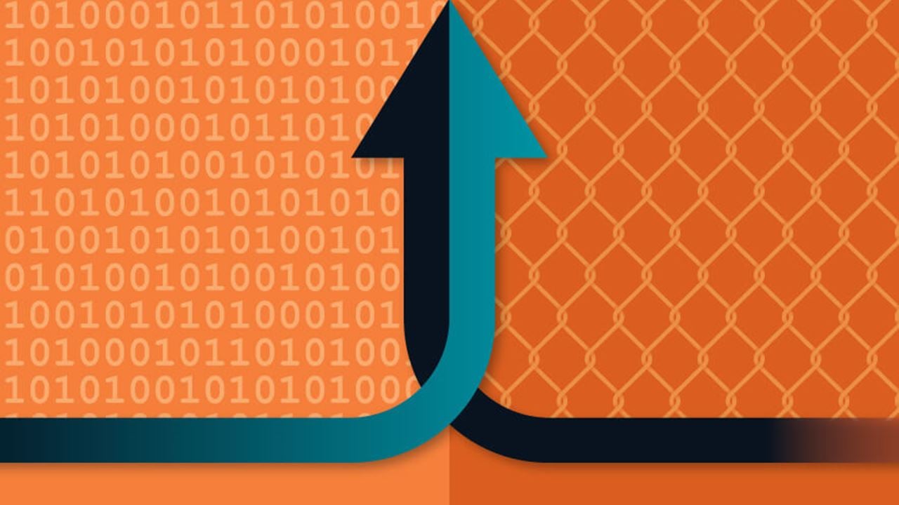 Illustration of a teal arrow curving upward through a split background, with binary code on the left and a chain-link fence pattern on the right, symbolizing progress or breakthrough in holistic security