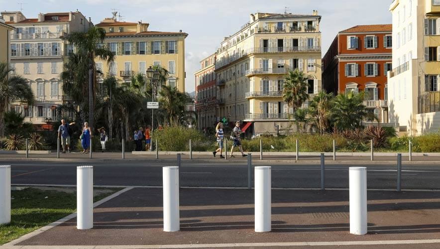 17 September 2018: Thick steel posts along the street in Nice, France, have been installed to increase pedestrian safety after a vehicle-borne attack in 2016. (Photo by iStock)