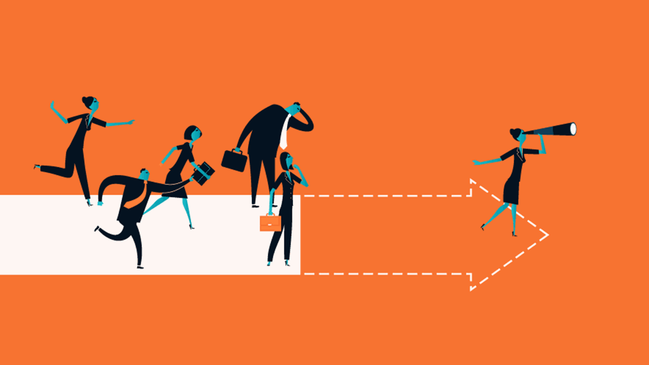 Illustration of five business people in dark suits walking on a white path against an orange background. The first individuals appear to be uncertain at the edge, while a sixth person stands confidently past the end of the path, looking through a telescope toward an outlined arrow pointing forward.