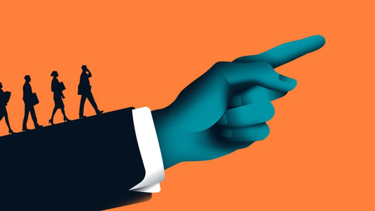 Illustration of a large blue hand in a business suit pointing to the right, with silhouettes of business people walking along the arm, symbolizing leadership, guidance, and direction