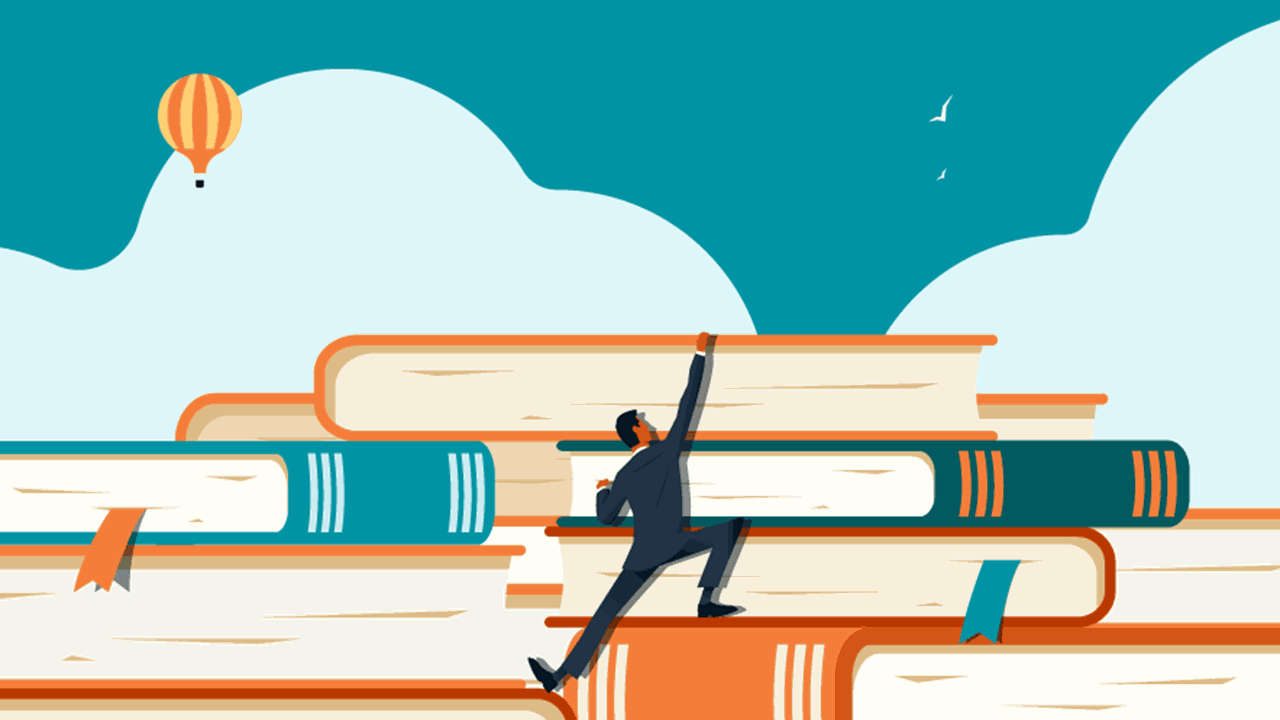 Illustration of a person in business attire climbing a stack of oversized books, symbolizing growth and learning, with a hot air balloon and birds in the sky above