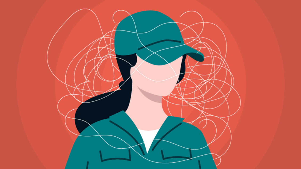 Illustration of a person wearing a green zoo uniform and cap, with long dark hair tied back. The background is a solid red color with white swirling lines around the person's head, symbolizing stress, uncertainty, and mental chaos.