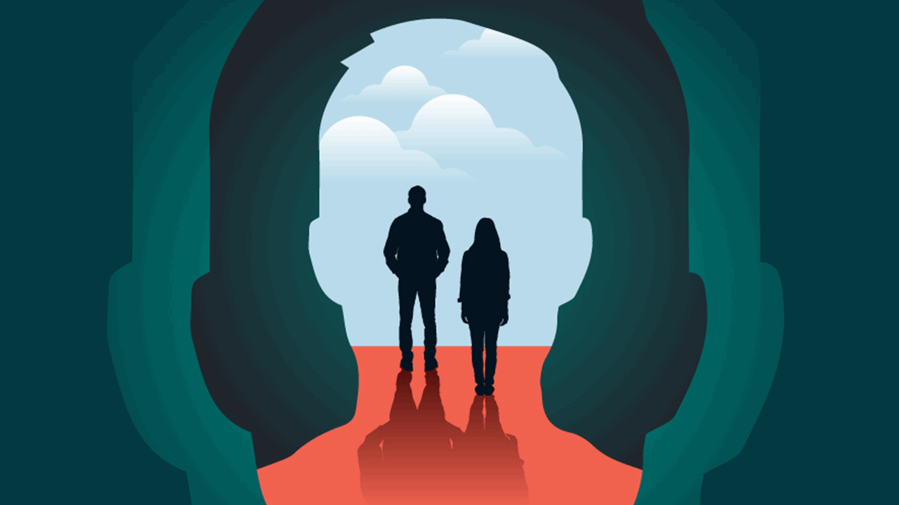 Illustration of a large silhouette of a human head with a head-shaped opening inside it. Within the opening, two small human figures face away from the viewer. Behind them is a sky with clouds, suggesting themes of emotional recovery after trauma