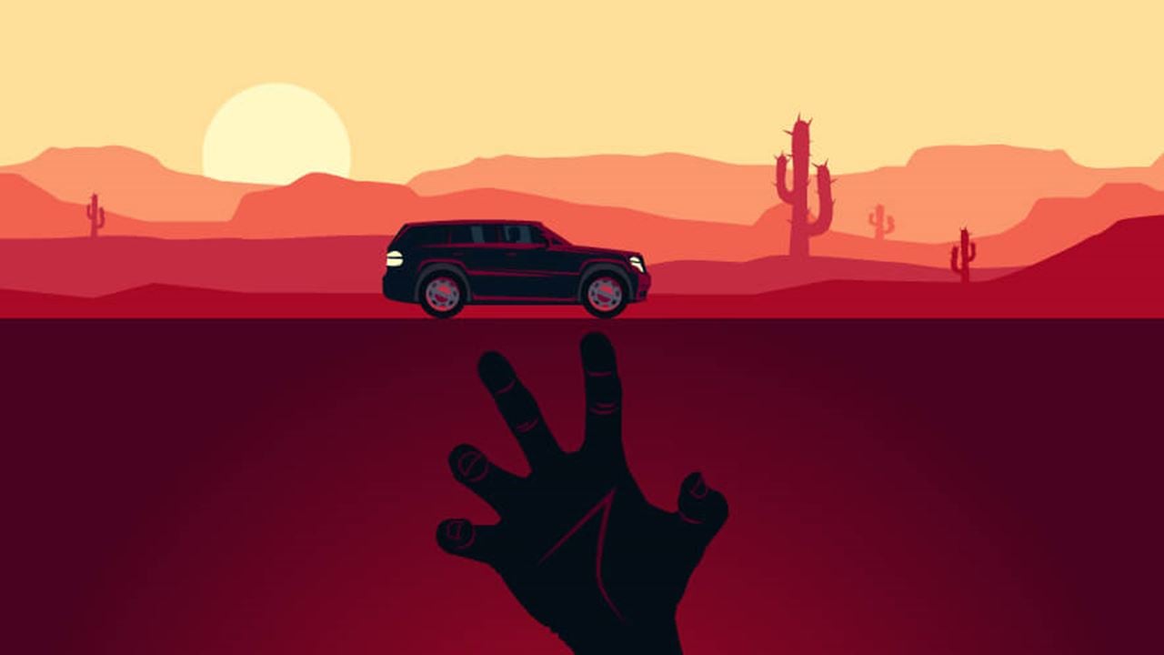 A dark silhouette of an outstretched hand reaches upward from a deep red foreground, while above, a black SUV drives across a desert landscape bathed in warm tones of yellow, orange, and red. The setting sun and distant cacti evoke isolation and danger, with the stark color contrast symbolizing urgency, vulnerability, and the divide between survival and abandonment.
