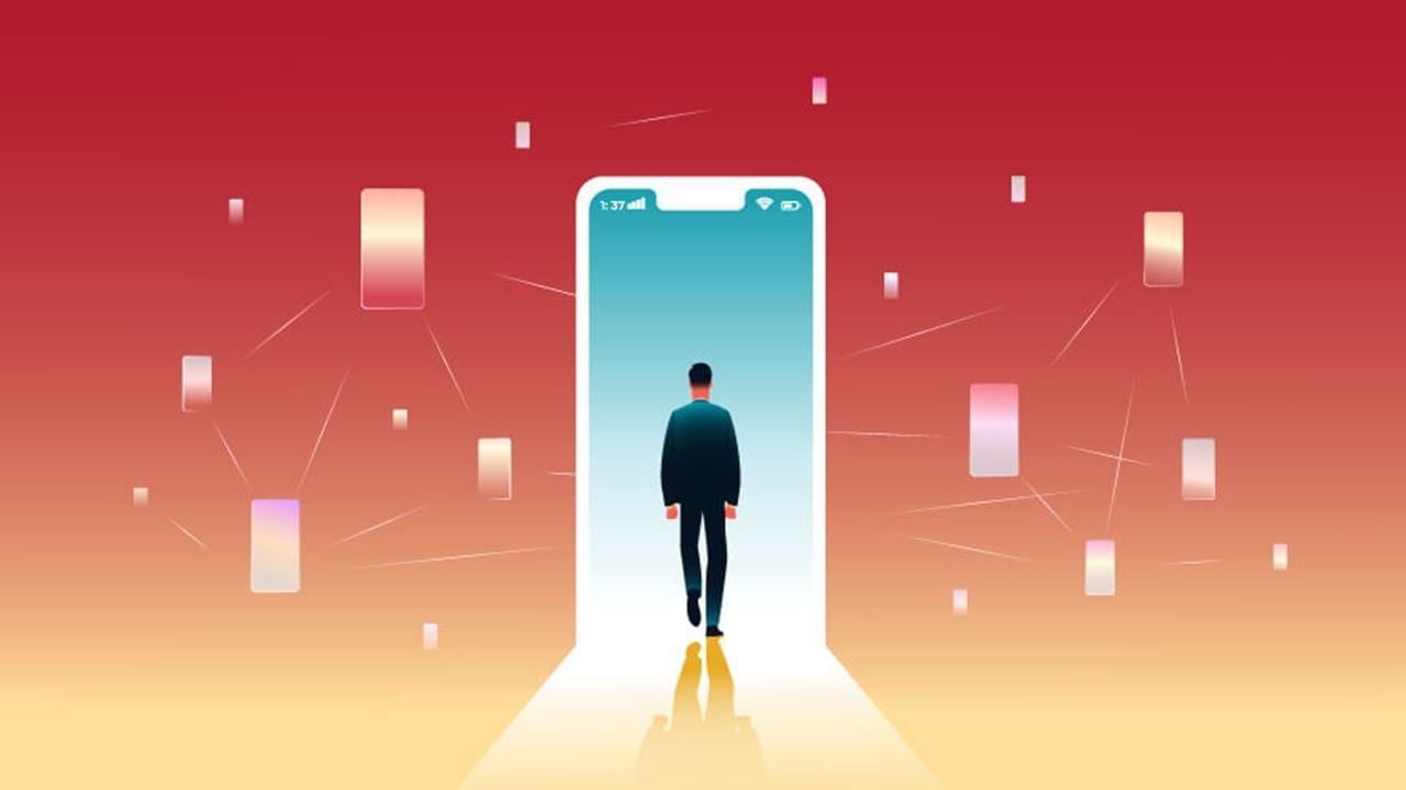 Illustration: a person walks through a doorway shaped like a smartphone screen, symbolizing entry into a digital world. The background fades from deep red to golden yellow with floating, glowing smartphones connected by lines, representing other digital connections that could lead to the individual.