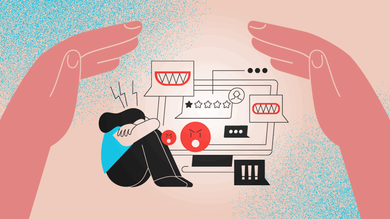 Illustration of a child or teenager sitting with knees hugged while surrounded by screens showing hostile messages, warning icons, and low ratings, with large hands forming a protective shield overhead.