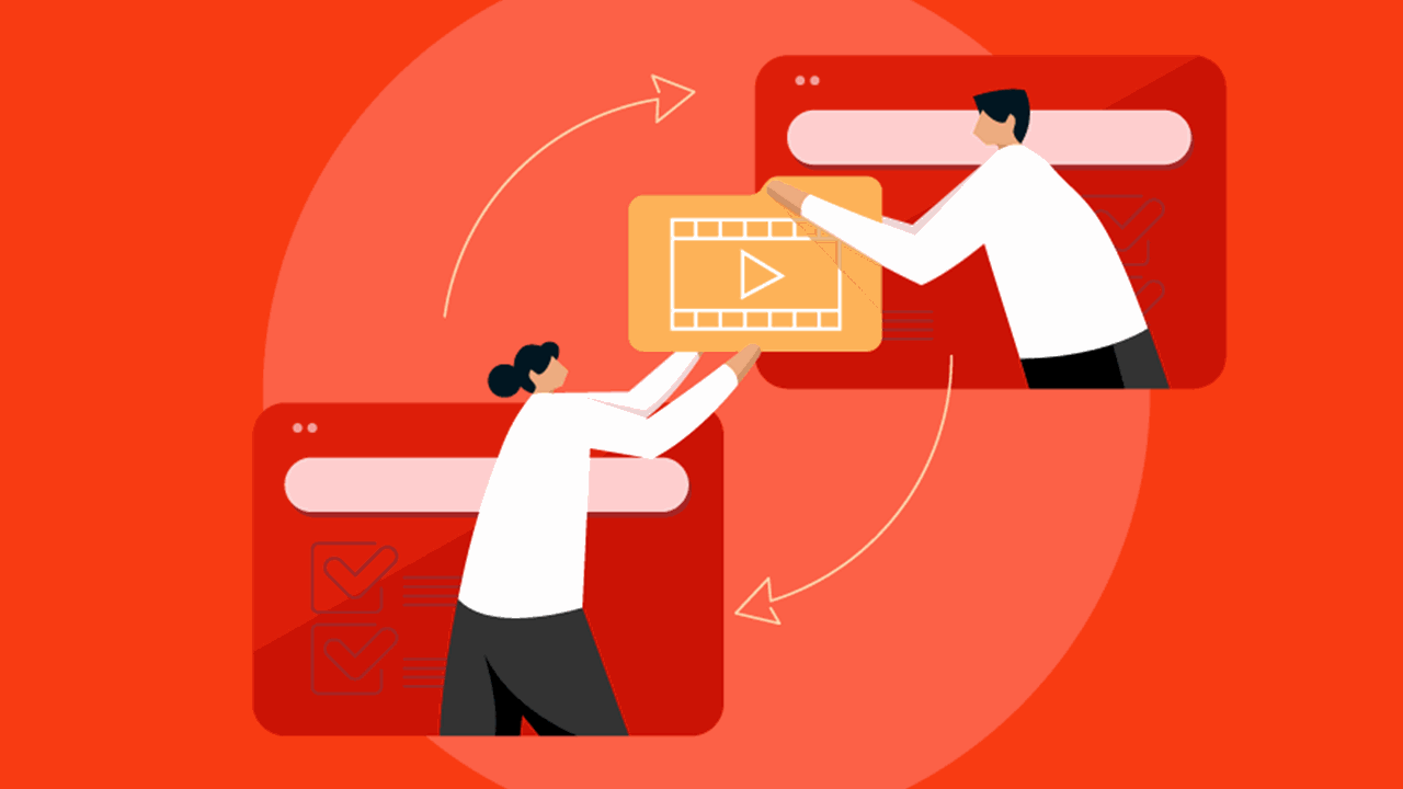 Two figures in red browser windows pass a gold video file between them along circular arrows, using bold red and orange tones to symbolize an ongoing, collaborative digital workflow or media exchange.