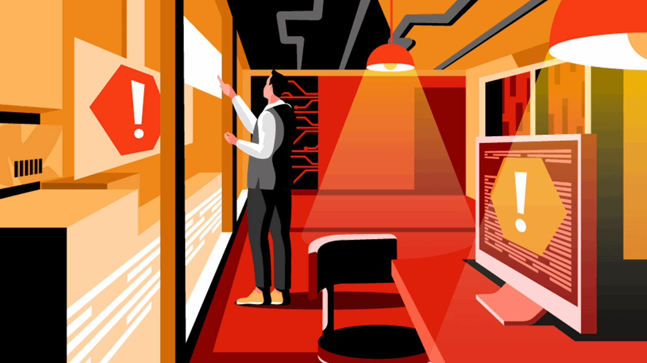 An orange-toned illustration shows a person monitoring computer screens filled with warning icons and code under a spotlight, using bold reds, oranges, and blacks to symbolize cybersecurity threats, alert systems, and heightened vigilance.