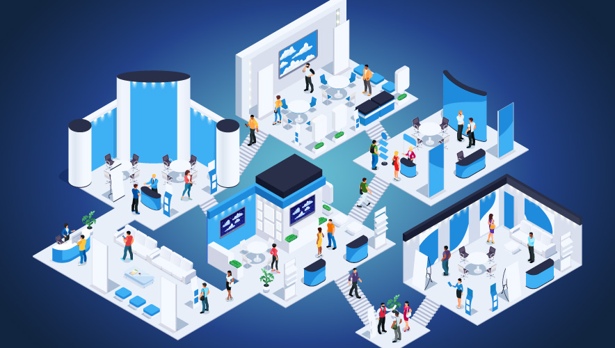Illustration of an isometric exhibit hall, with figures walking around, networking, and exploring display items.