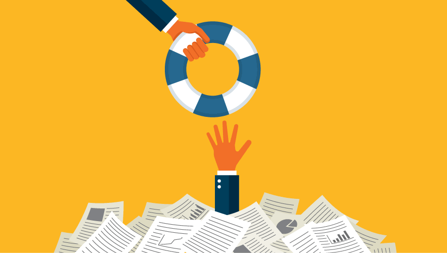 Illustration of a hand reaching out from under piles of chart-filled papers, another hand is extended from the top of the image to offer a life preserver.
