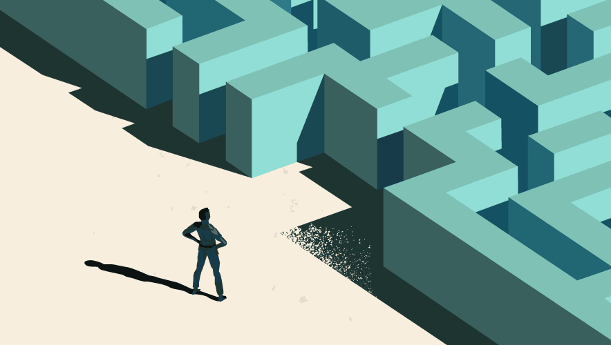 Illustration of man, standing outside of a maze, looking confident.