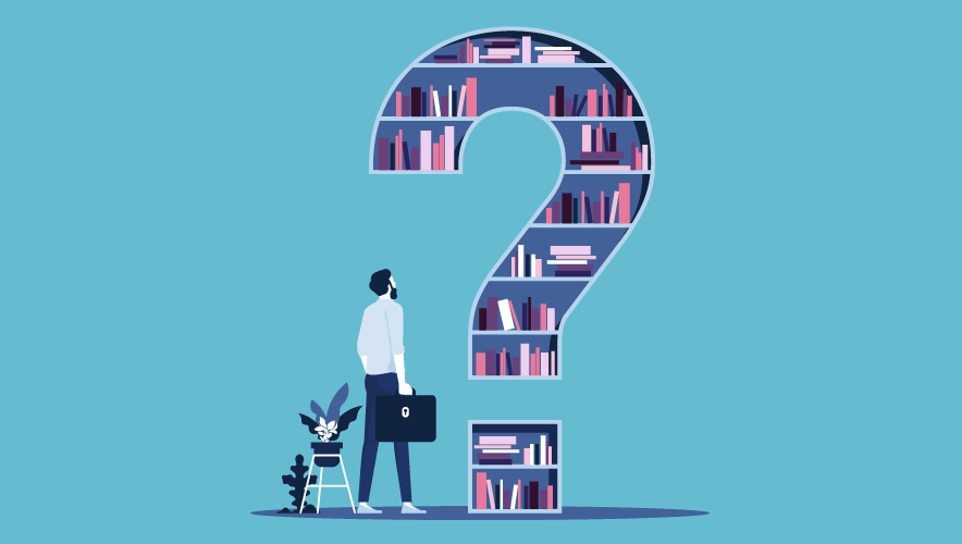 Illustration of a man looking at books on a question mark bookcase.