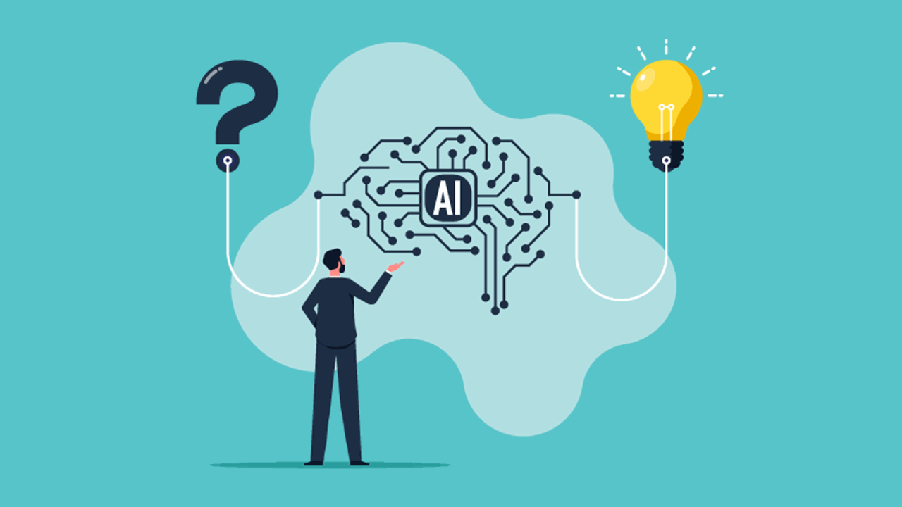 Illustration of a person standing in front of a circuit board with 'AI' at the center, connected to a question mark on the left and a light bulb on the right. Dominant colors include teal, black, white, and yellow. Symbolizes artificial intelligence as a bridge between inquiry and innovation.