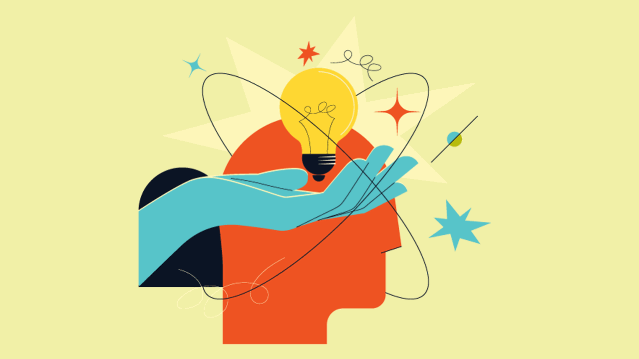 Illustration of minimalist style head, with a hand holding a lightbulb above it. Stars and swirls surround the figure, illustration ideation through complicated situations. The figure is blue set over a green backdrop.