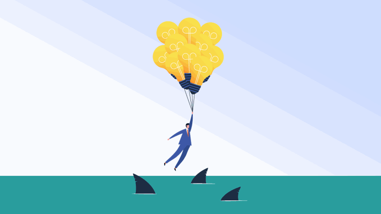 Illustration of a man using lightbulbs on strings to float above a sea of water. Shark fins circle below the figure symbolizing the danger the man has avoided.