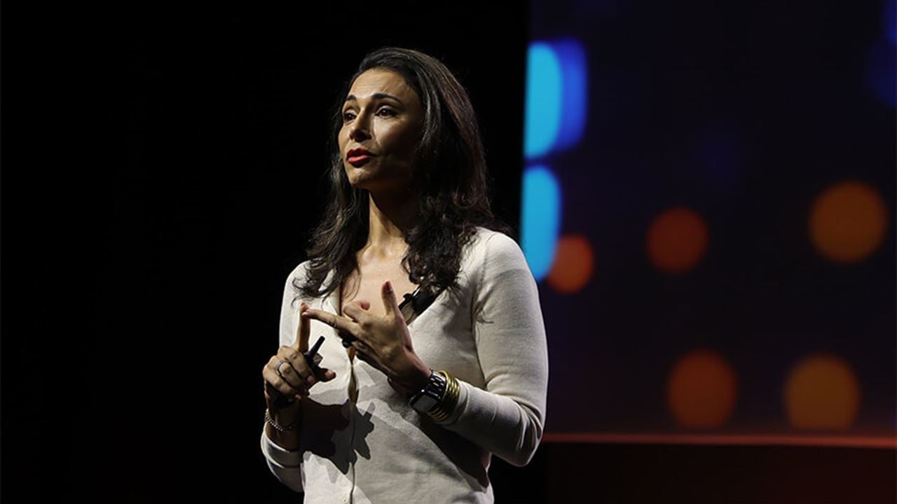 A photo of Sol Rashidi speaking at GSX 2025, on AI in security.
