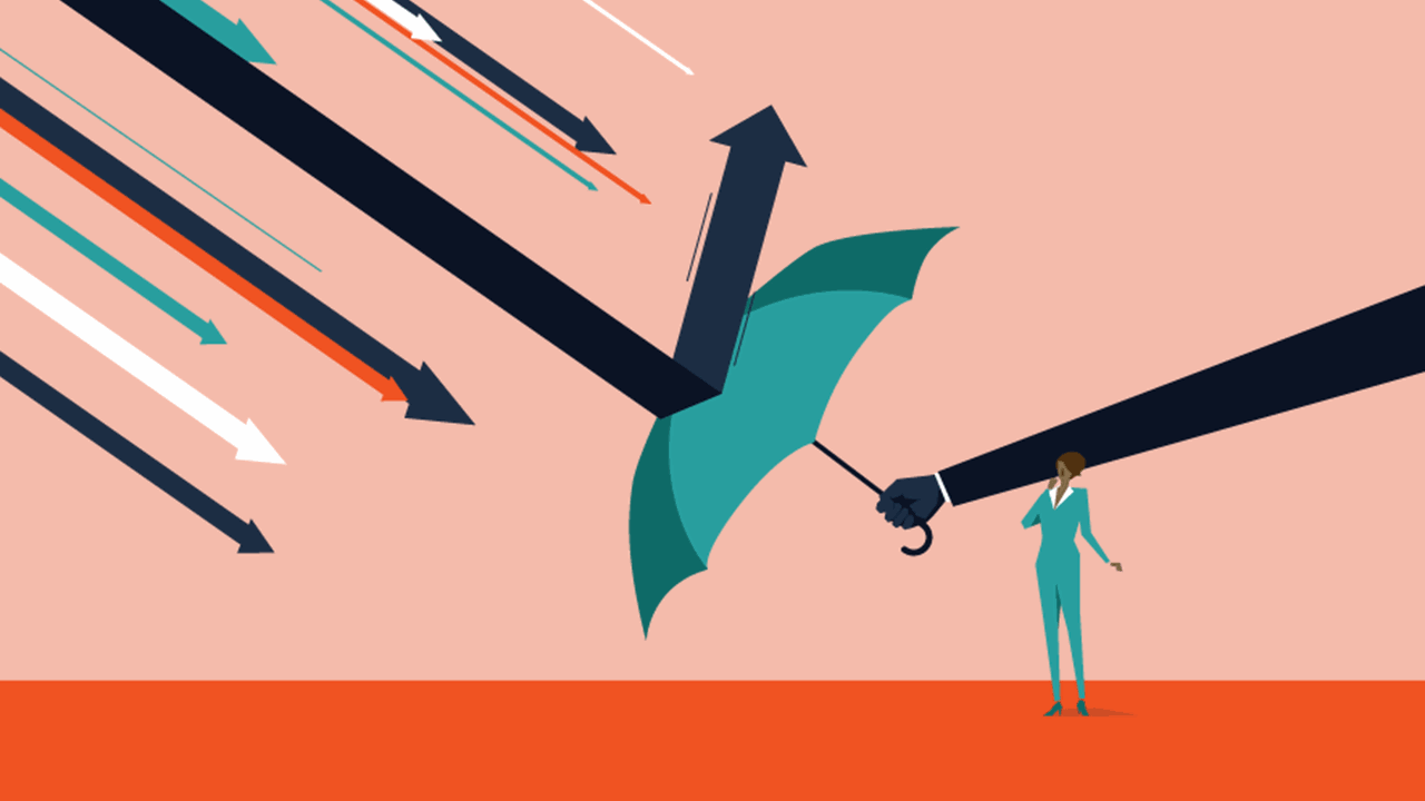 Illustration of a person in a teal suit holding an umbrella, deflecting multiple large arrows pointing downward. Symbolizes protection or resilience against external pressures.