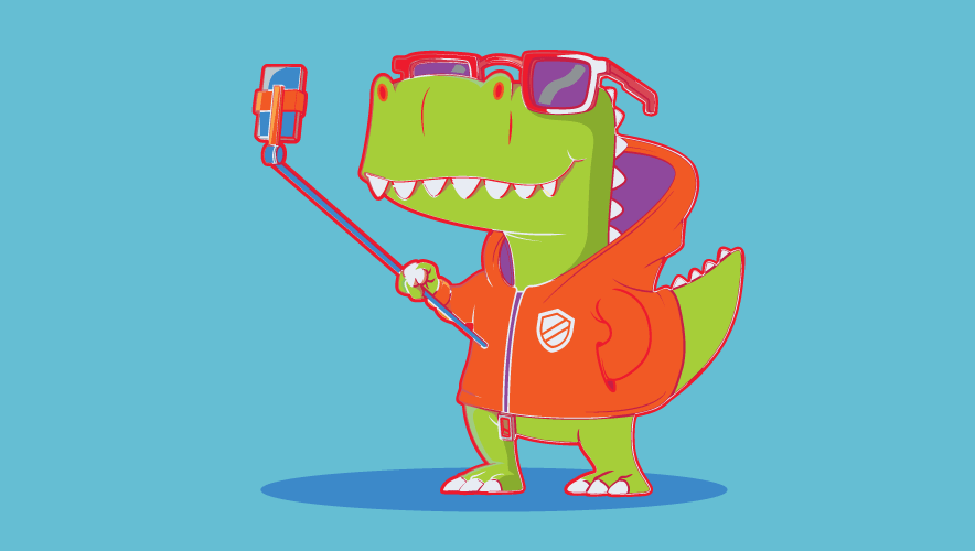 A dinosaur illustration takes  a selfie.