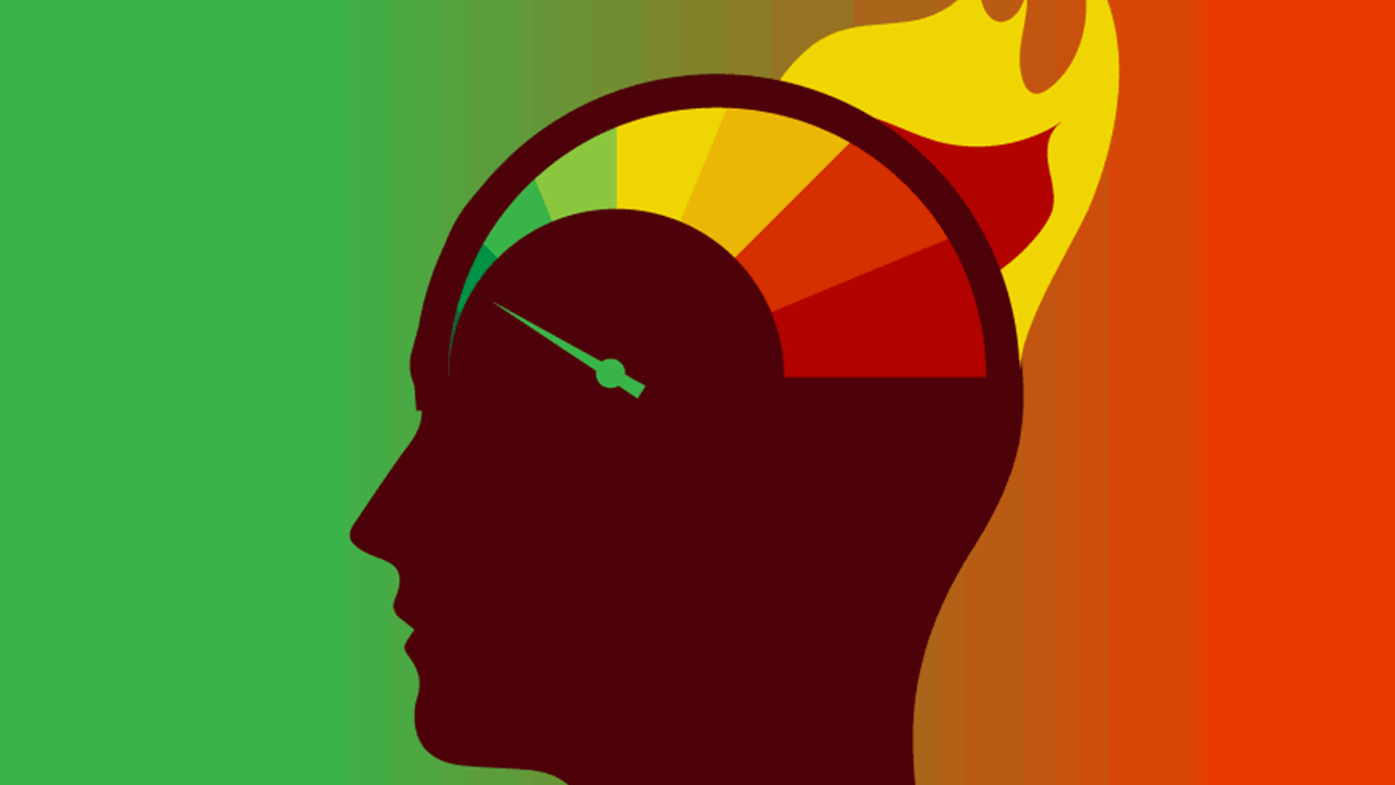 Illustration of a head with a odometer display colors ranging from cool to hot. Controlling Stress Responses for Better De-Escalation