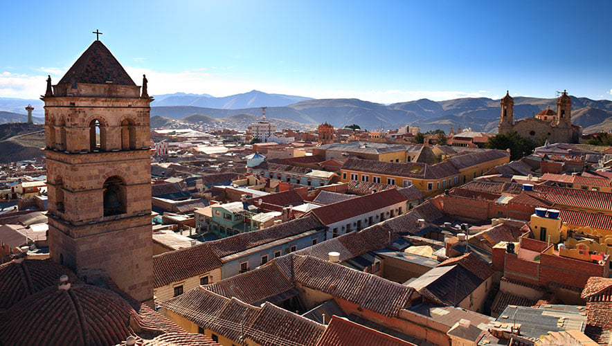 Skyline view Potosi Bolivia featuring a cathedral tower