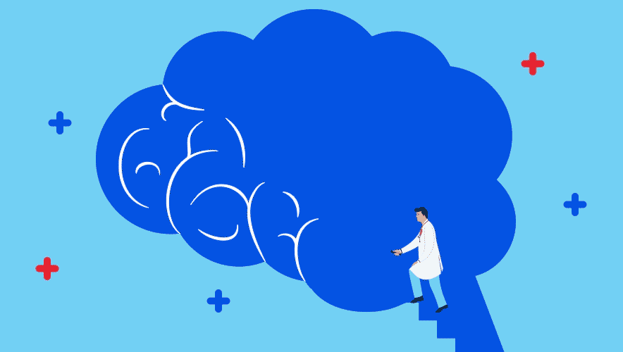 Illustration of a doctor wearing a white lab coat standing inside a blue brain. He is illuminating the brain with flashlight. 