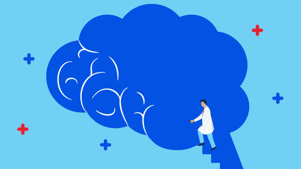 Illustration of a doctor wearing a white lab coat standing inside a blue brain. He is illuminating the brain with flashlight.