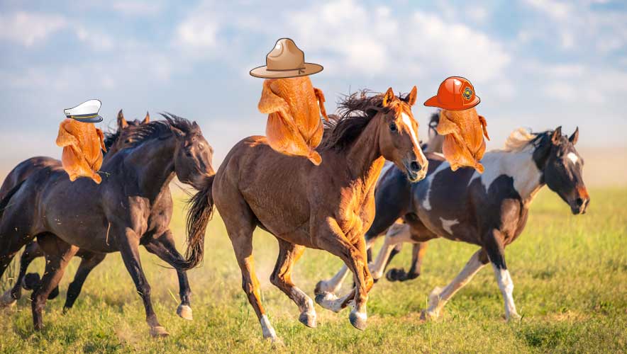 Cooked turkeys wearing cowboy hats riding horses out in the frontier. 