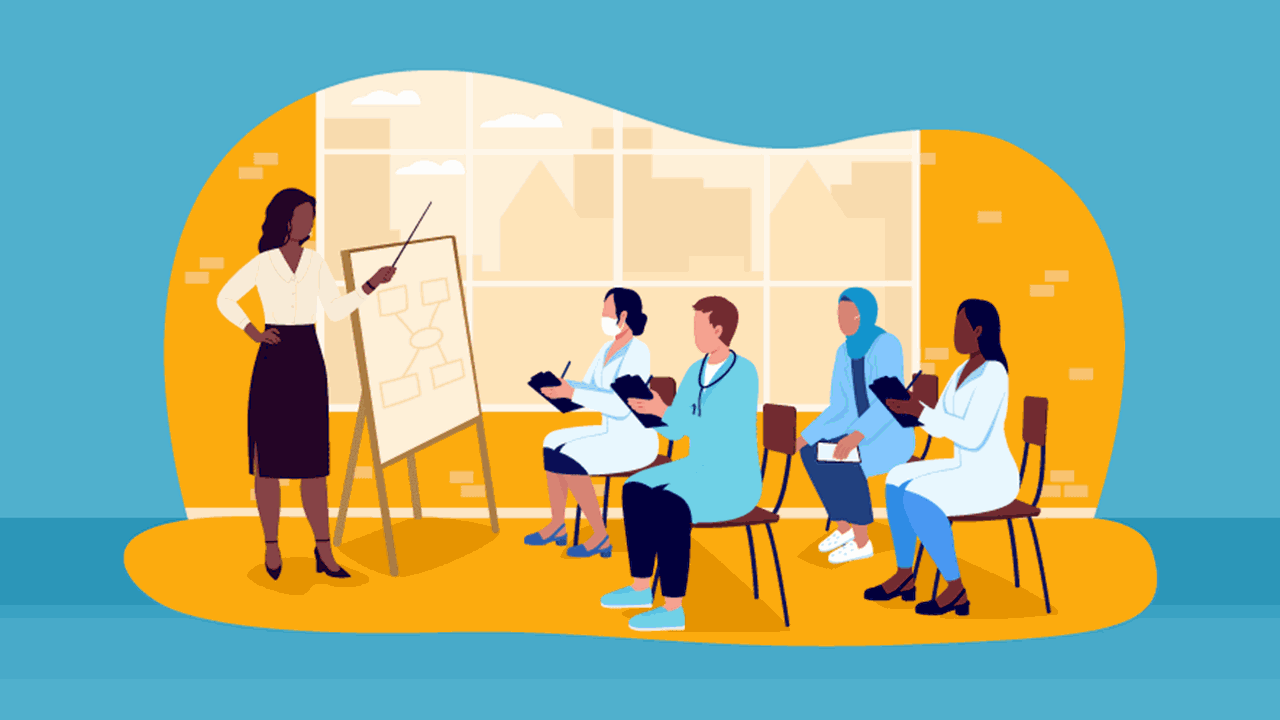 Illustration of a security professional teaching a group of medical professionals how to detect if someone is a victim of human trafficking.