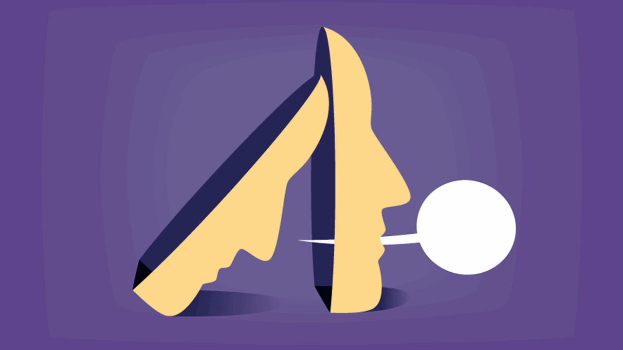 Illustration of two light yellow masks on a purple background are in profile next to each other. The mask on the left is tipped over and leaning against the mask on the right. A speech bubble coming from the mask on the left is going through the mouth of the other mask.