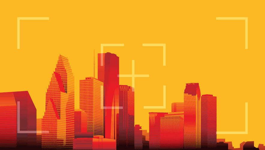 Illustration of the Houston skyline with an orange overlay over the buildings. The sky and background are mustard yellow. There is a camera recording image superimposed over the skyline idicating the city is being monitored by video security technology.  