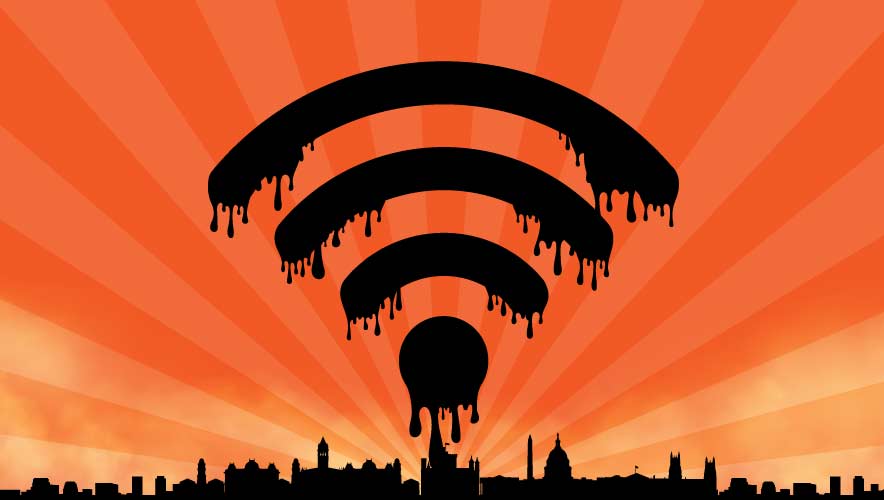 Illustration of a melting, black wi-fi symbol on a bright orange background. The skyline of Washington DC runs across the bottom and subtle smoke is simmering out of the city. 