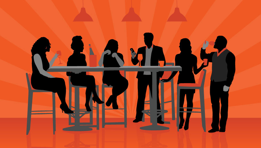 Illustration of a silhouette of six professionials sitting at a table in a bar having drinks on a bright orange background.